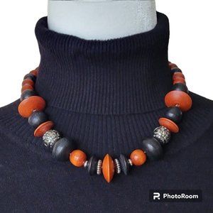 Bohemian Chunky Necklace Wooden Beads Black &Terracotta wSilver Metal Accents